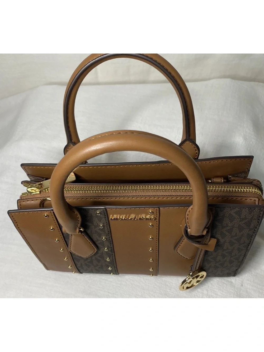 Michael Kors Tan and Brown Logo Stripe Satchel